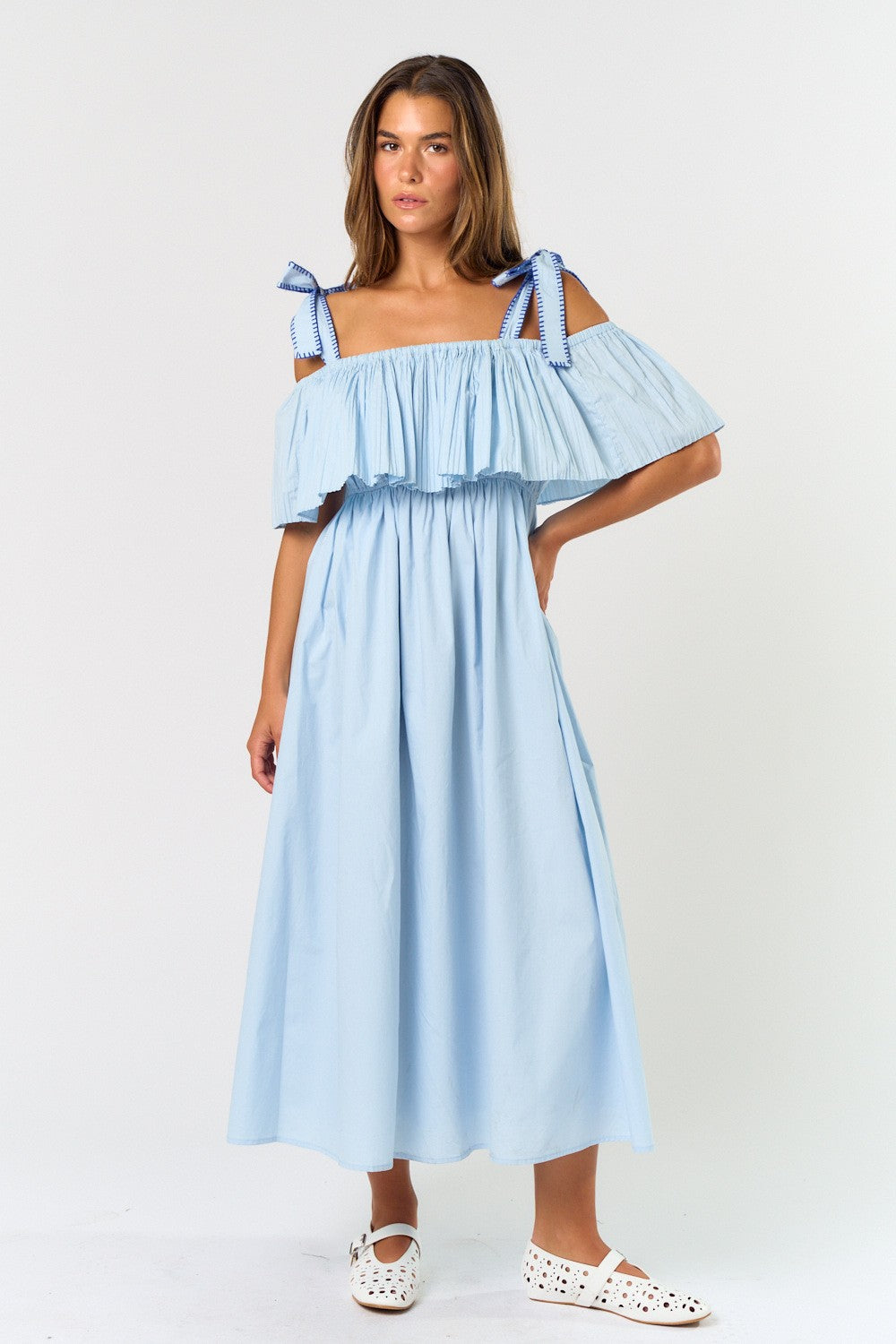 Light Blue Shoulder Tie Flounce Midi Dress