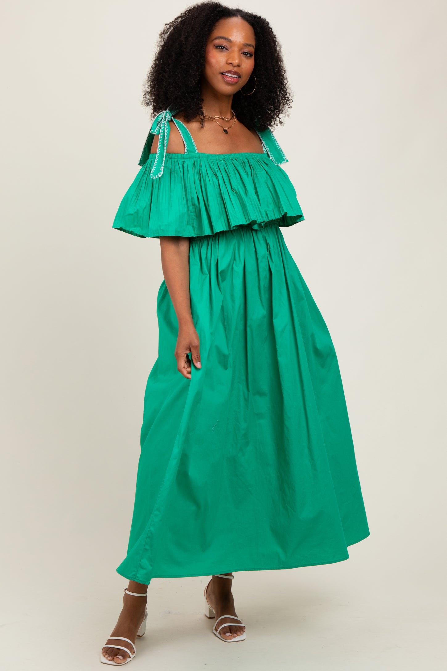 Green Shoulder Tie Flounce Maternity Midi Dress