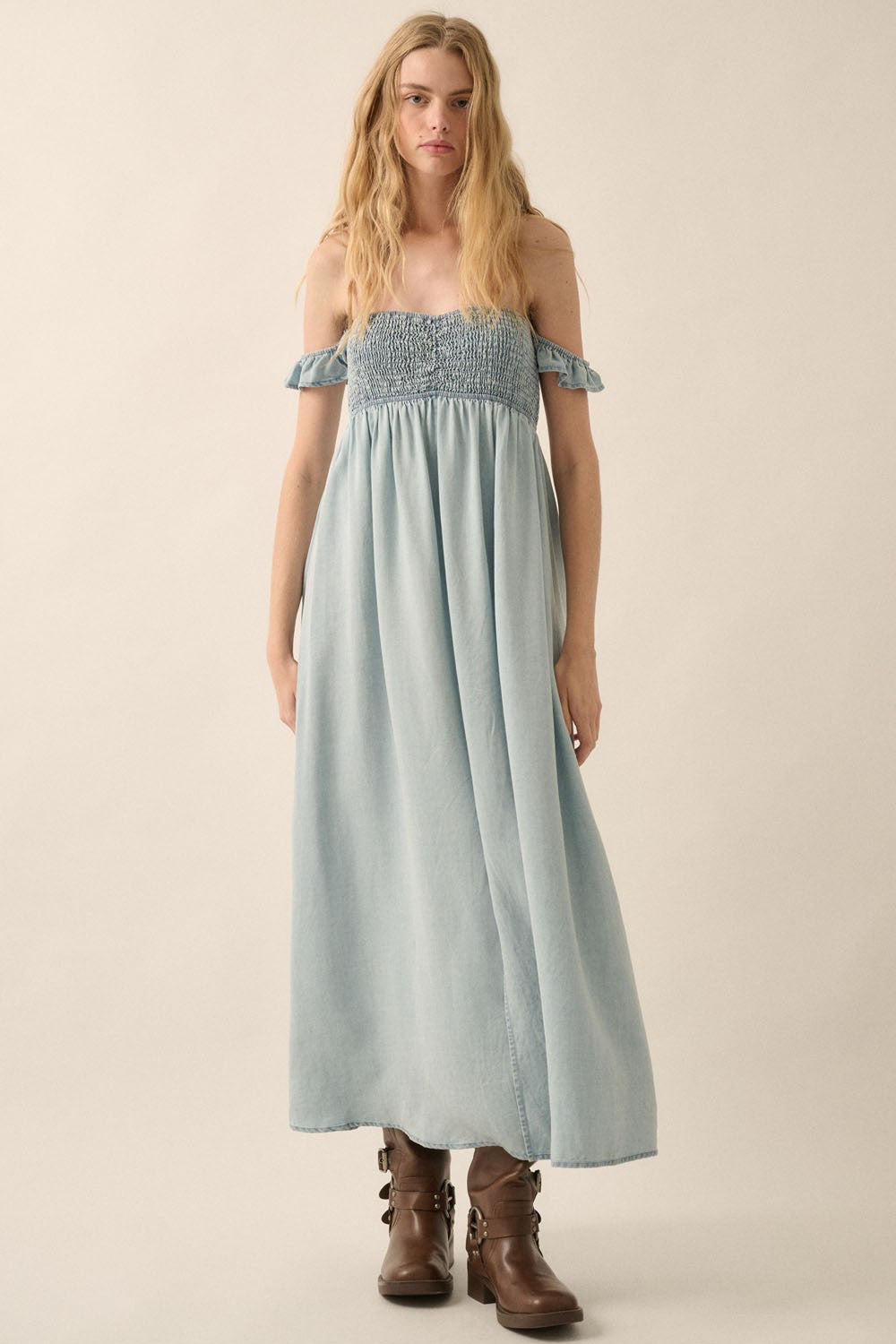 Light Chambray Smocked Denim Off-Shoulder Maternity Maxi Dress