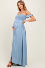 Light Chambray Smocked Denim Off-Shoulder Maternity Maxi Dress