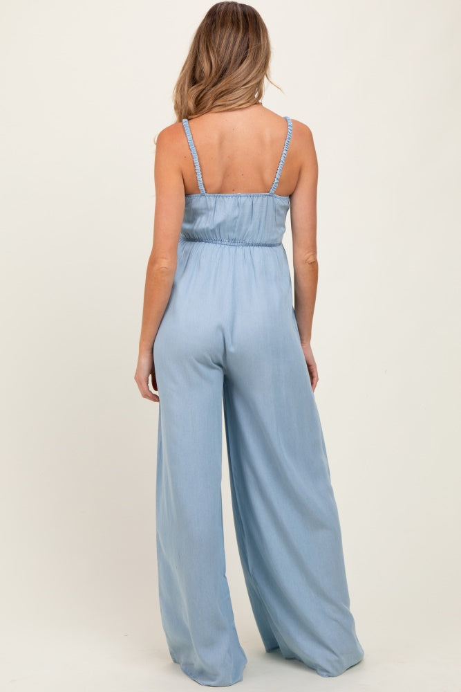 Light Blue Chambray Smocked Maternity Jumpsuit