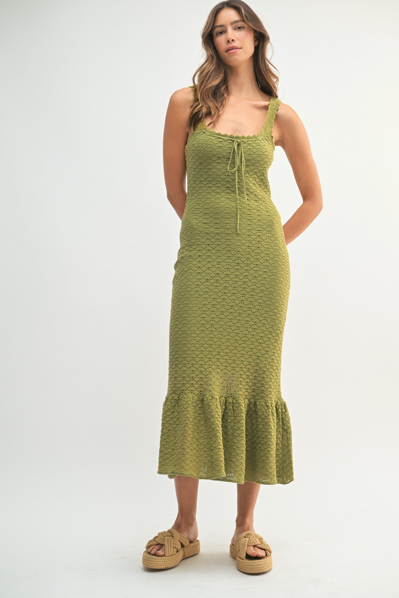 Light Olive Crochet Knit Front Tie Maternity Midi Dress