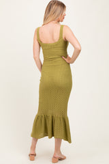 Light Olive Crochet Knit Front Tie Maternity Midi Dress