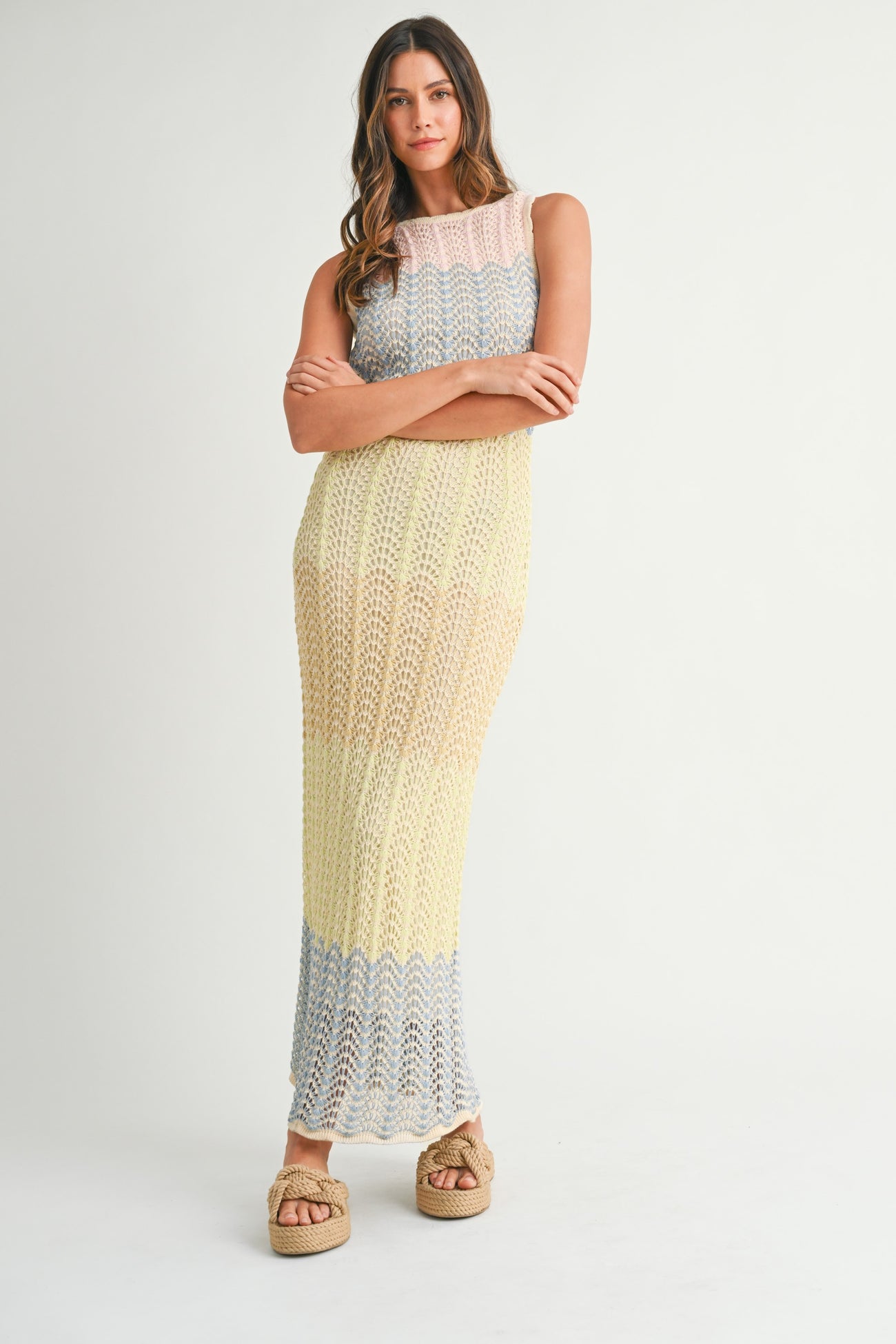 Yellow Colorblock Crochet Knit Open Tie Back Maxi Dress