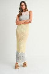 Yellow Colorblock Crochet Knit Open Tie Back Maxi Dress