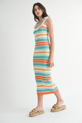 Light Teal Colorblock Stripe Shoulder Tie Maternity Midi Dress