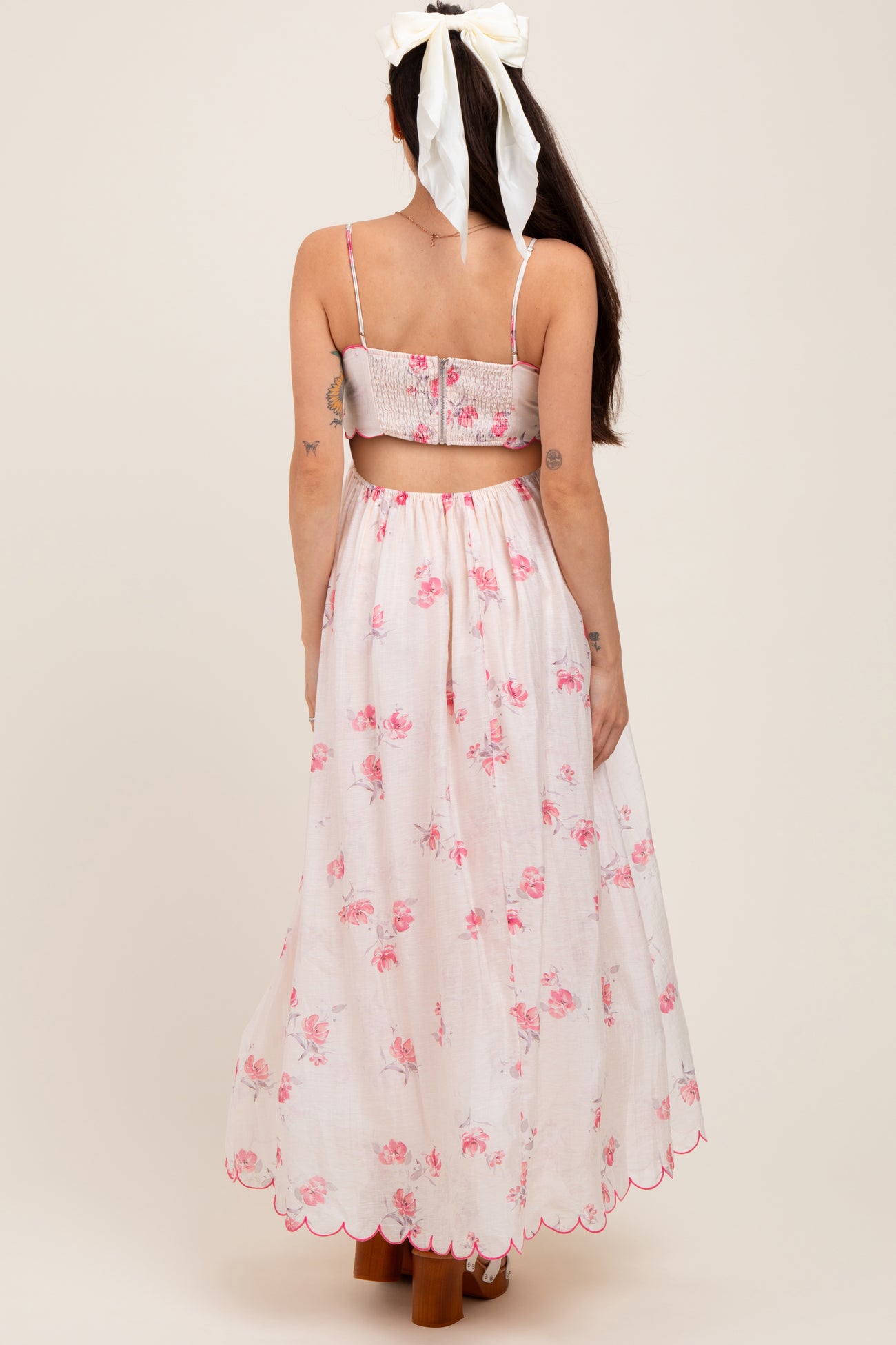 Pink Floral Scallop Edge Back Cutout Maternity Maxi Dress