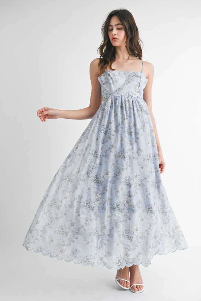 Blue Floral Scallop Edge Back Cutout Maxi Dress