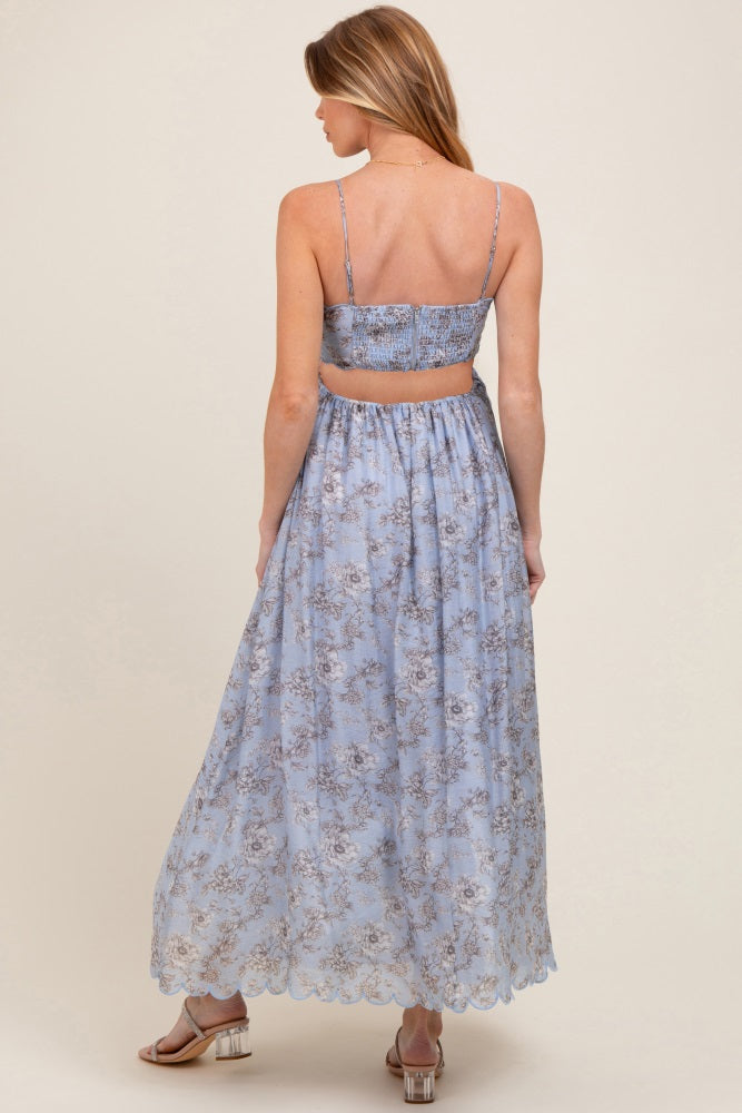 Blue Floral Scallop Edge Back Cutout Maternity Maxi Dress