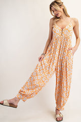 Peach Printed Button Detail Jumpsuit
