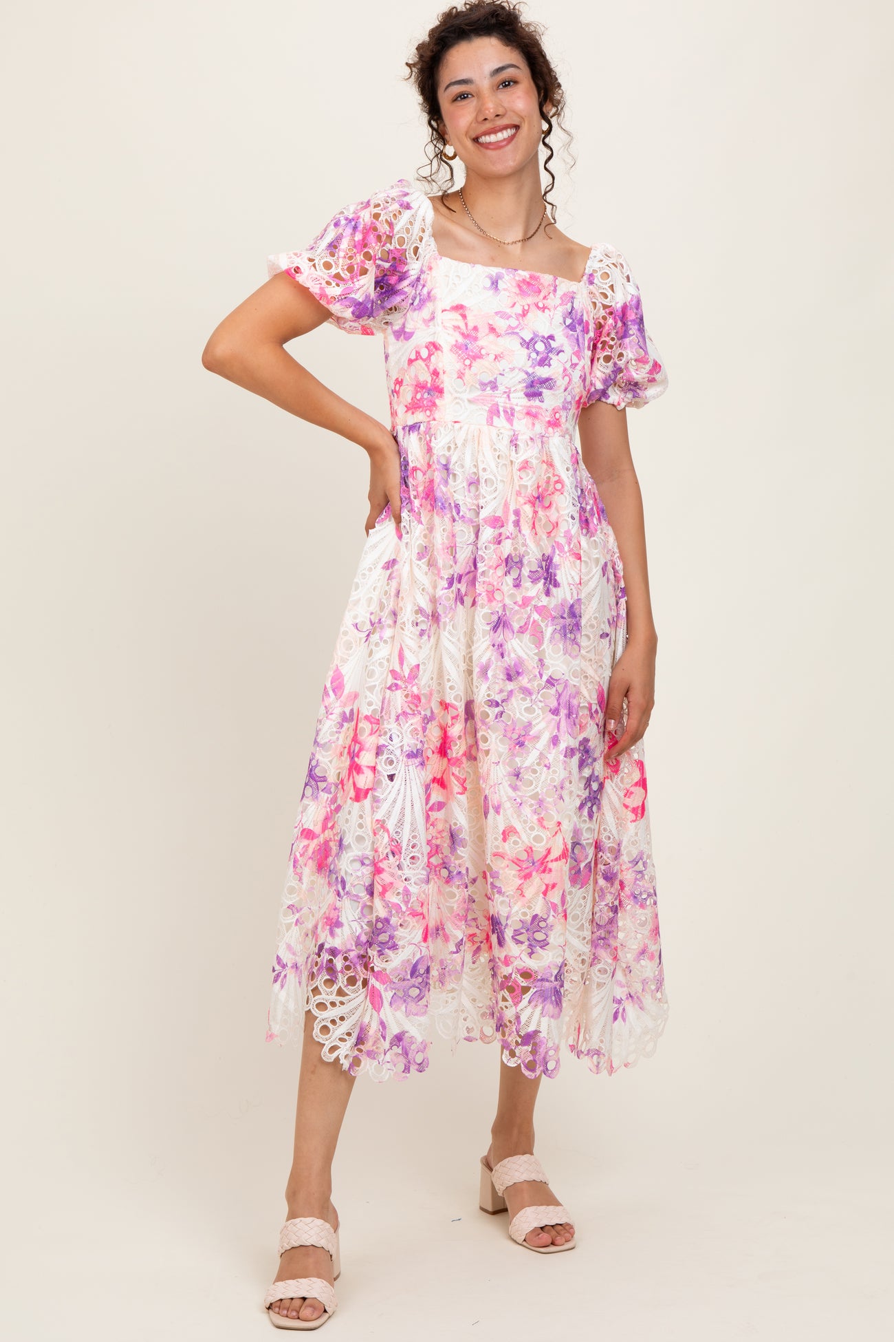 Purple Tie Dye Lace Puff Sleeve Midi Dress