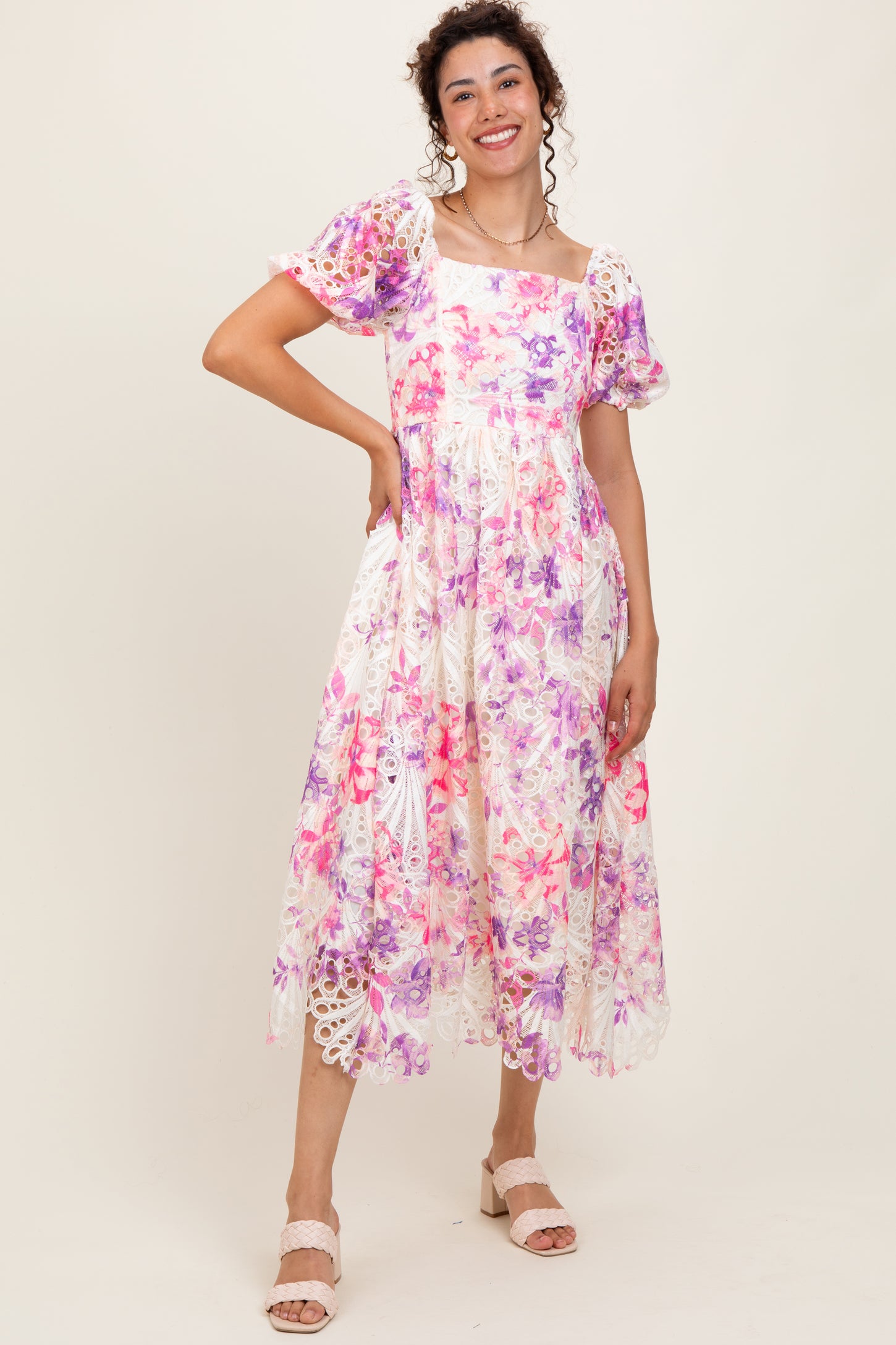 Purple Tie Dye Lace Puff Sleeve Midi Dress