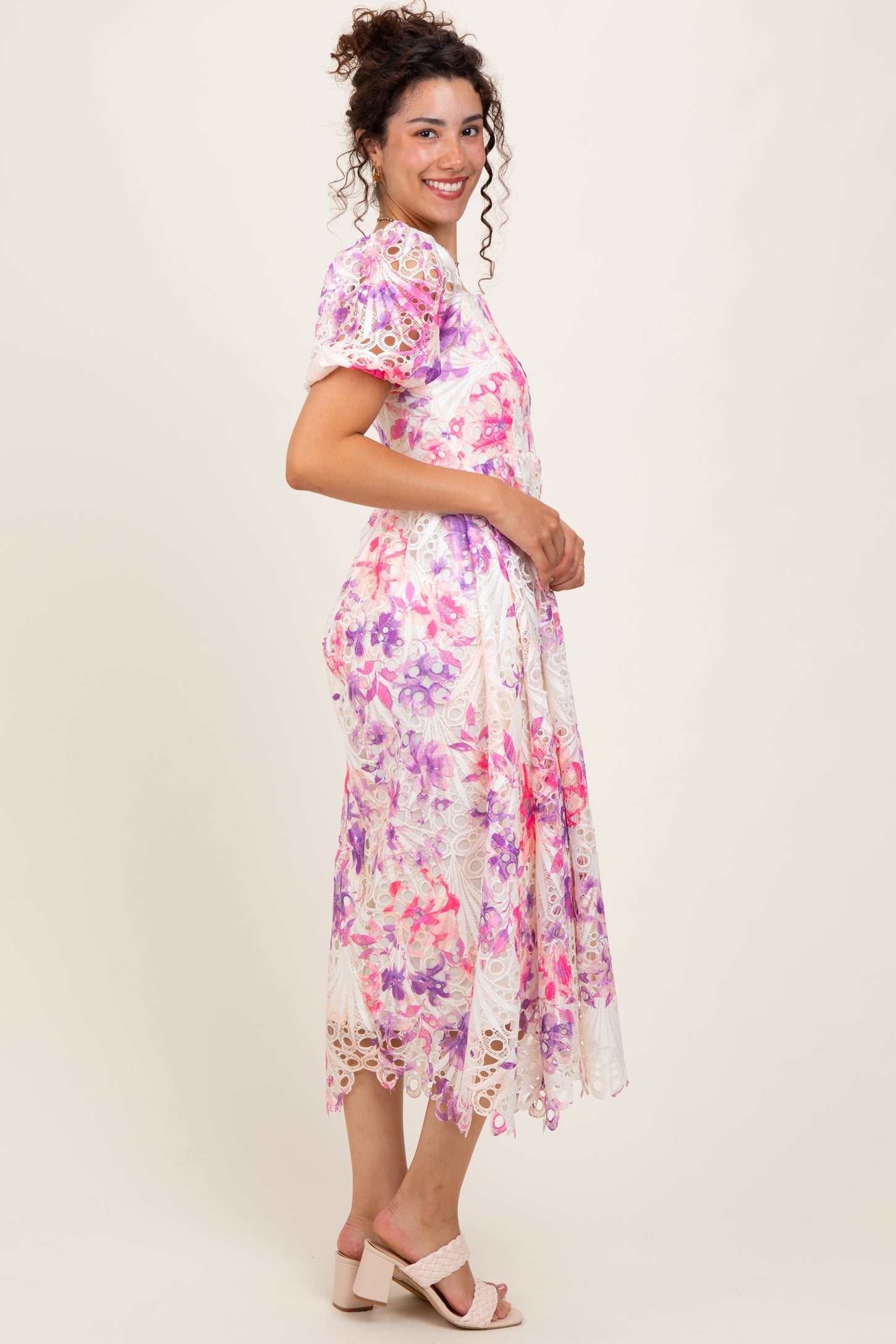 Purple Tie Dye Lace Puff Sleeve Midi Dress