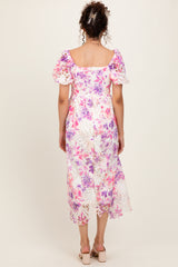 Purple Tie Dye Lace Puff Sleeve Midi Dress