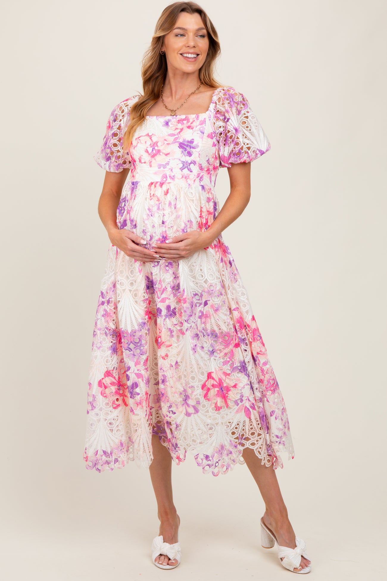 Purple Tie Dye Lace Puff Sleeve Maternity Midi Dress