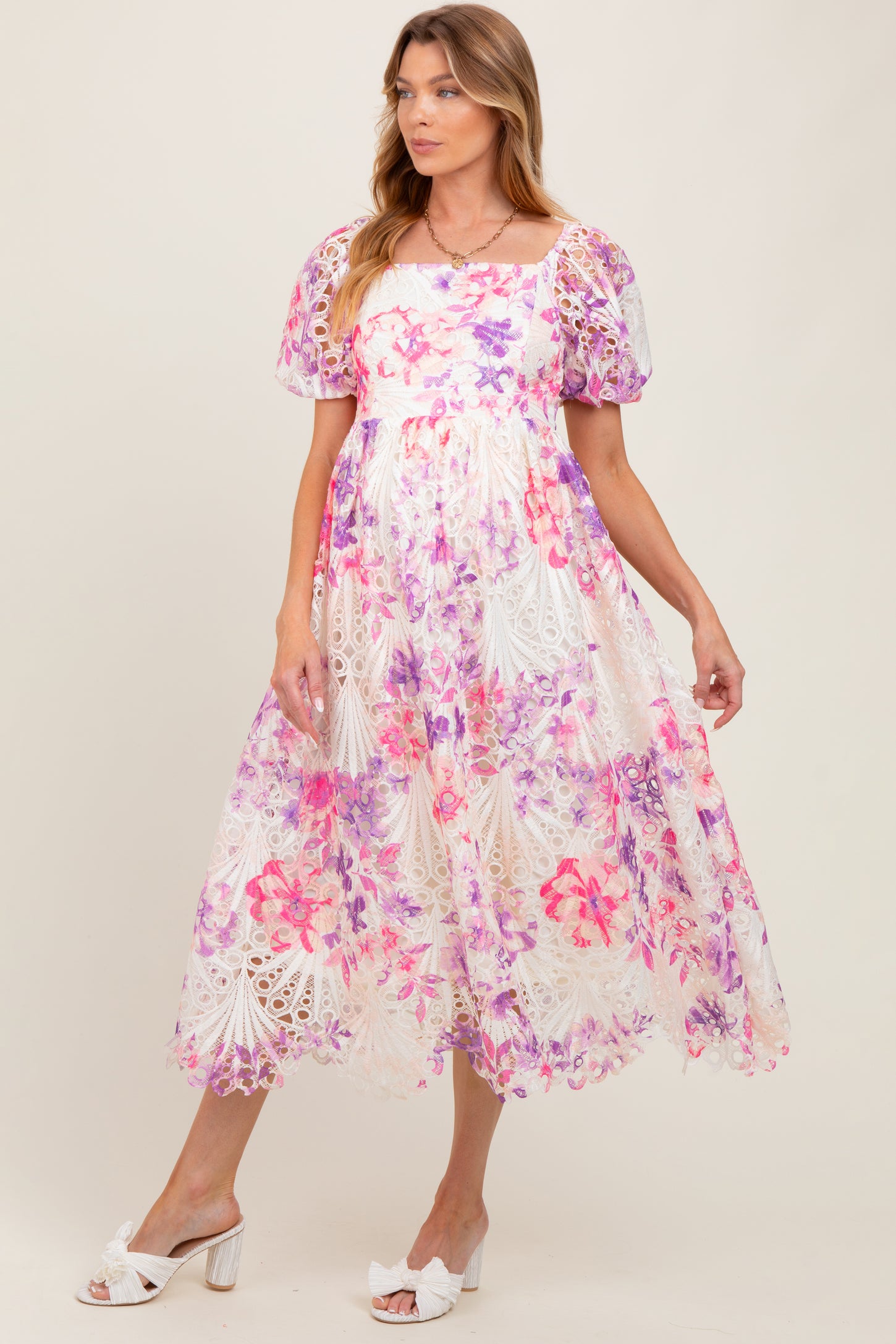 Purple Tie Dye Lace Puff Sleeve Maternity Midi Dress