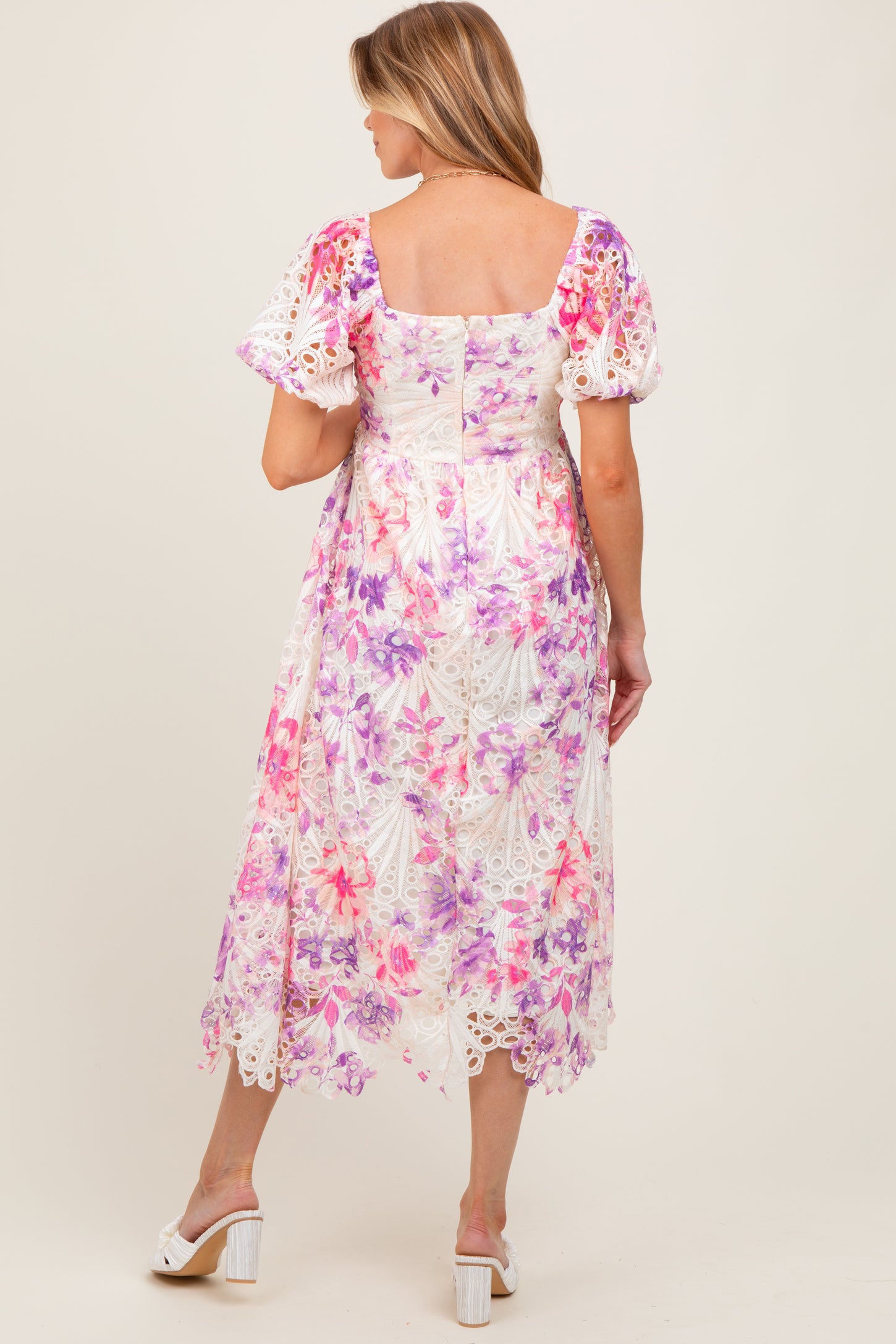 Purple Tie Dye Lace Puff Sleeve Maternity Midi Dress