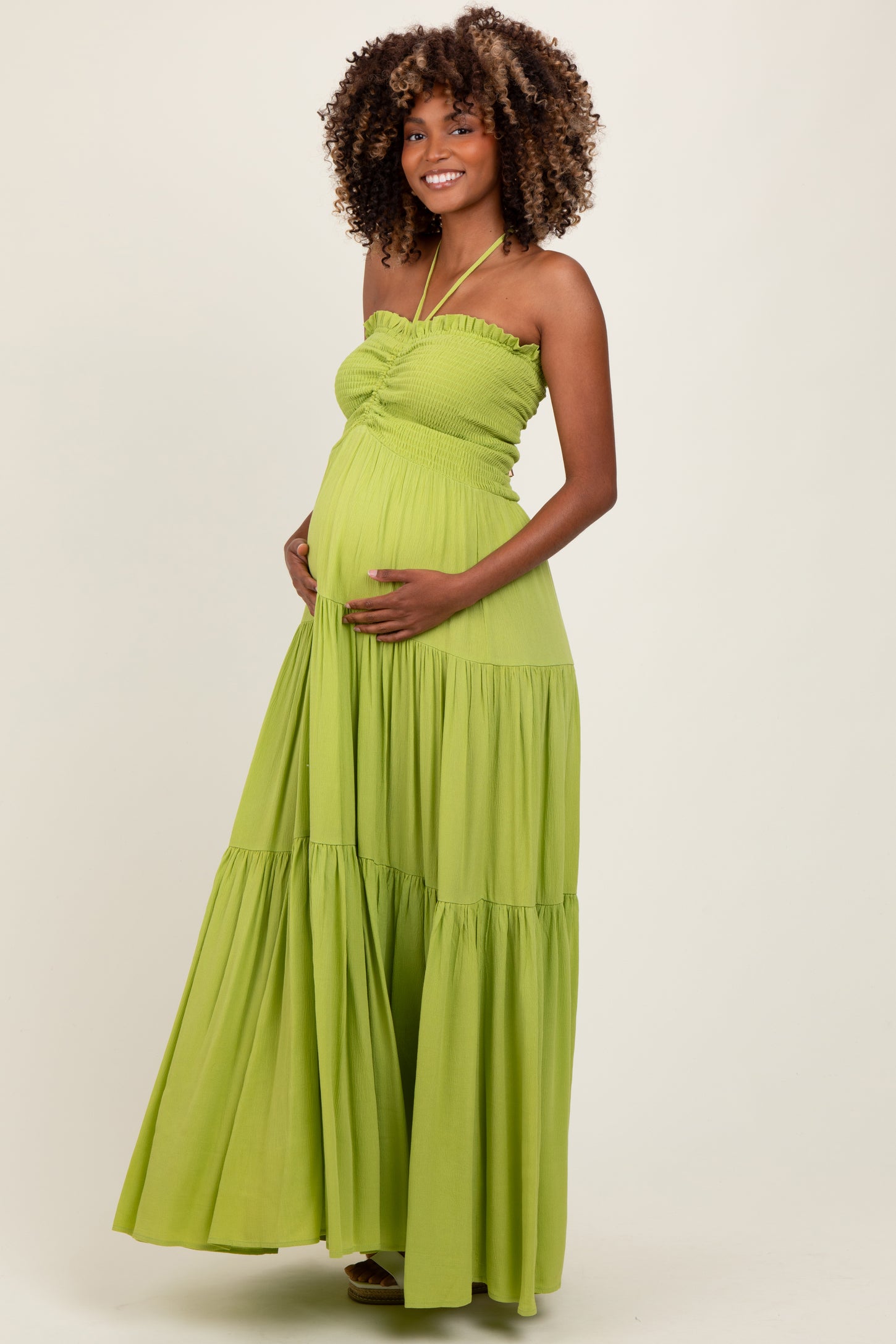 Lime Smocked Halter Tiered Maternity Maxi Dress