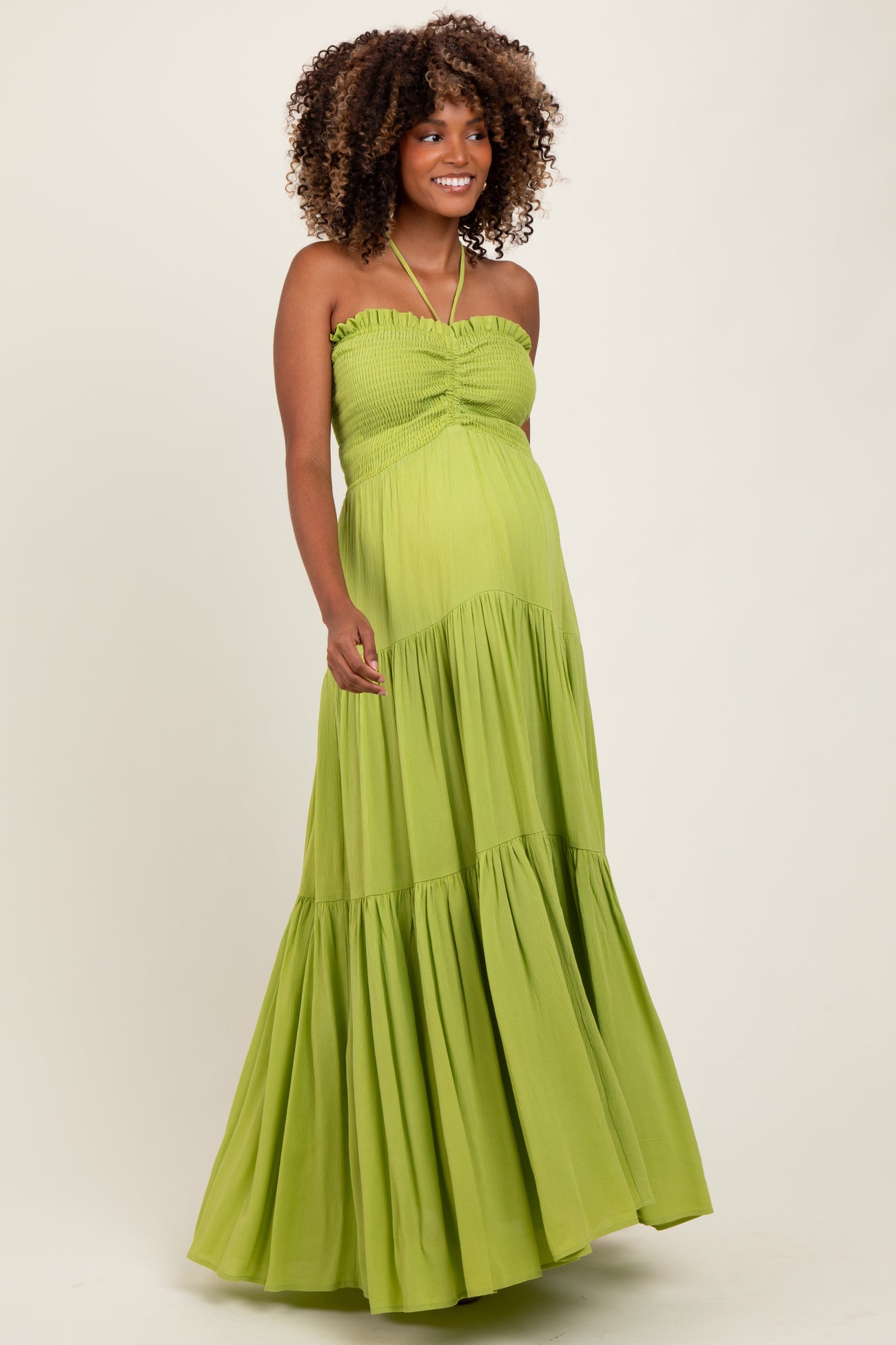 Lime Smocked Halter Tiered Maternity Maxi Dress