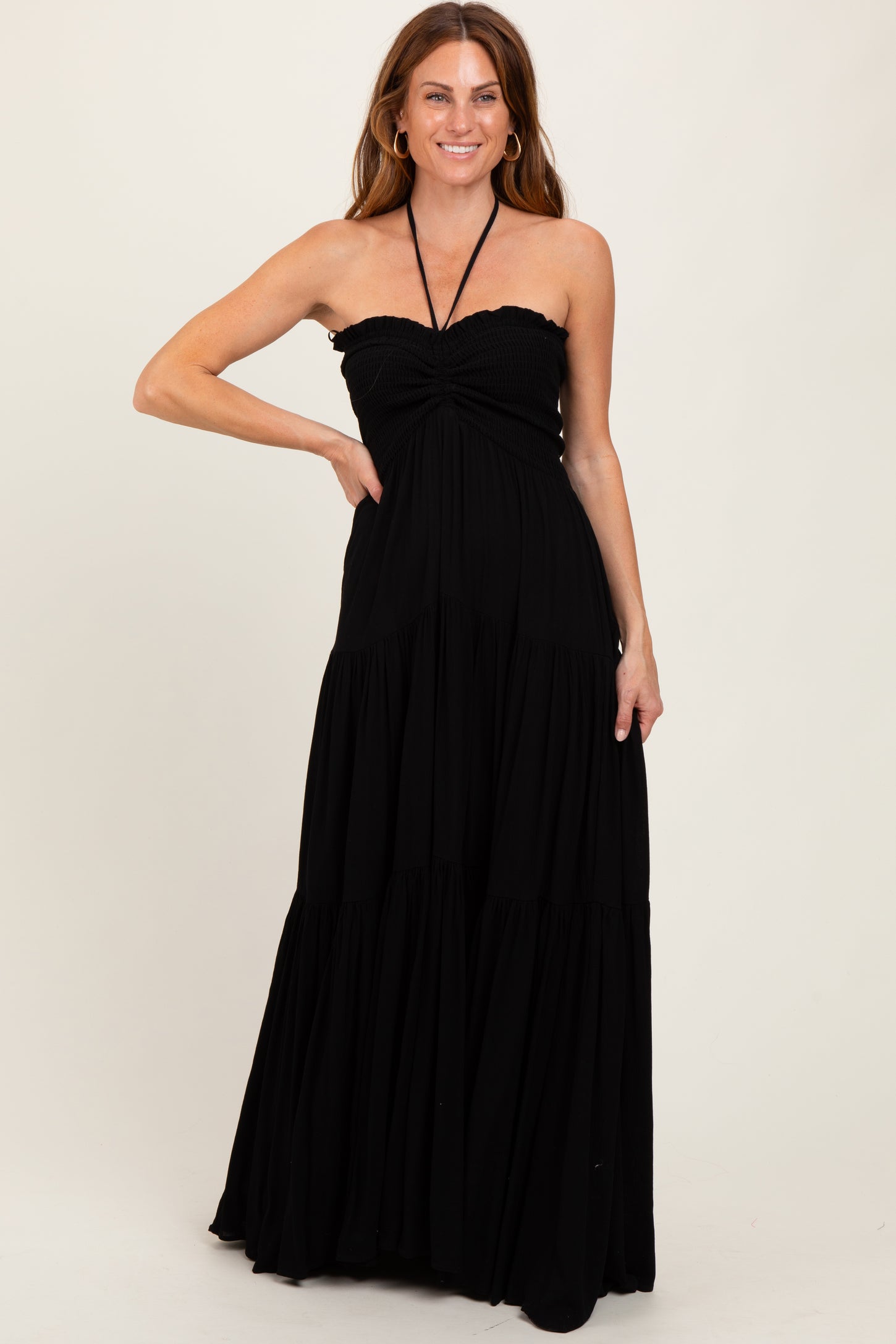 Black Smocked Halter Tiered Maternity Maxi Dress