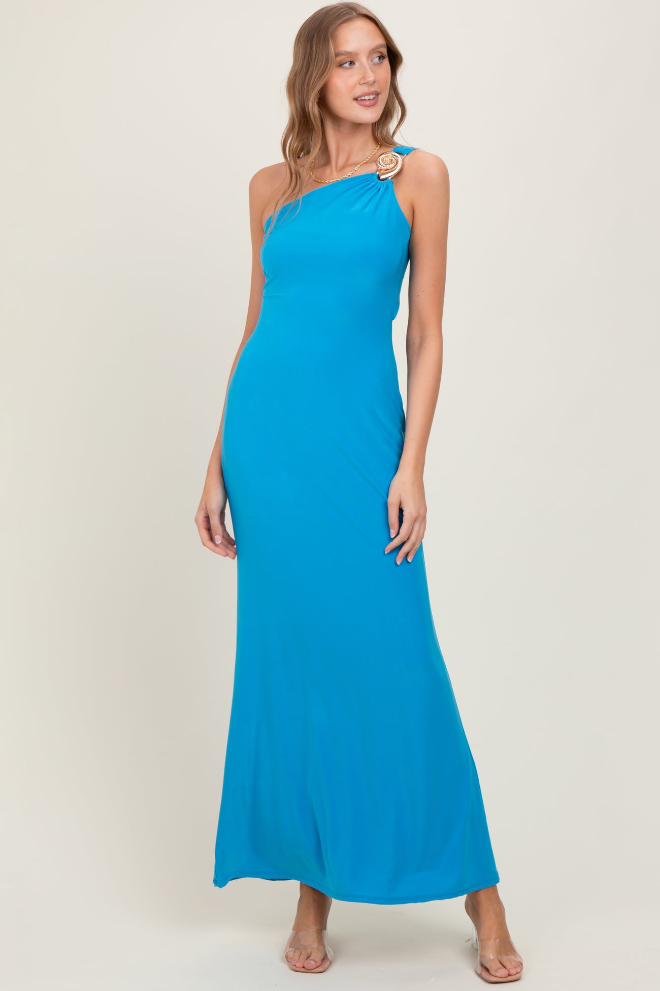 Blue One Shoulder Pendant Cutout Maternity Maxi Dress