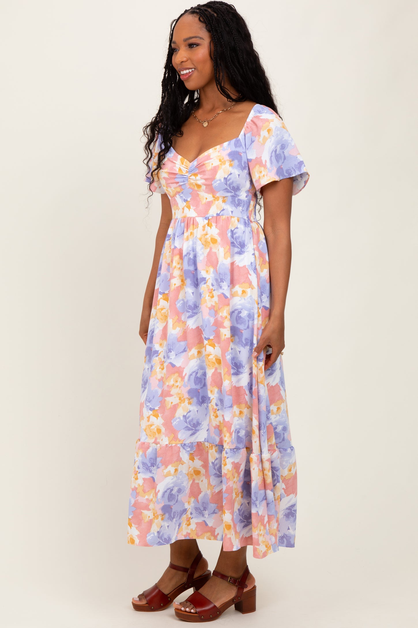Coral/Purple Floral Flare Sleeve Tiered Maxi Dress
