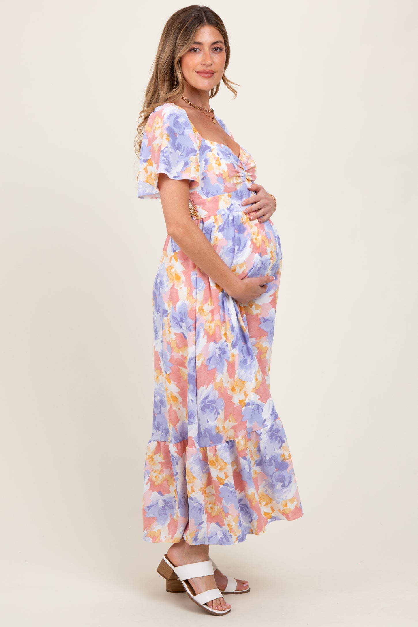 Coral/Purple Floral Flare Sleeve Tiered Maternity Maxi Dress