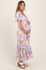 Coral/Purple Floral Flare Sleeve Tiered Maternity Maxi Dress
