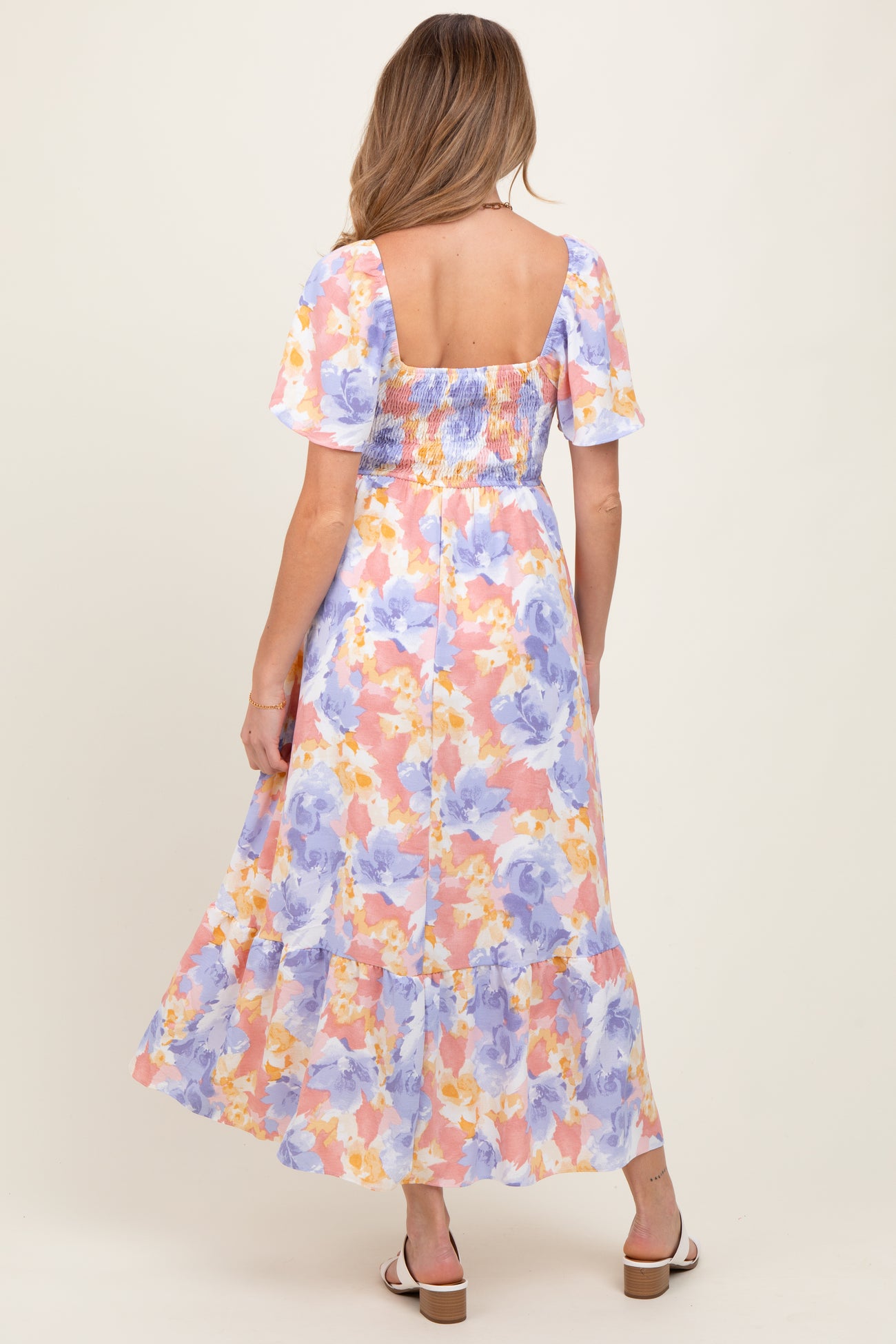 Coral/Purple Floral Flare Sleeve Tiered Maternity Maxi Dress
