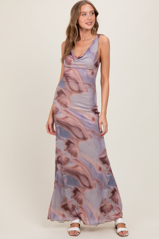 Mauve Watercolor Draped Neck Maternity Maxi Dress