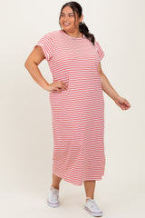 woman wearing a striped red and white plus size maxi dress with short sleeves and pockets, paired with white sneakers