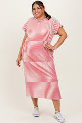 woman wearing a red and white striped plus size midi dress with short sleeves and a relaxed fit