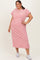 woman wearing a red and white striped plus size midi dress with short sleeves and a relaxed fit