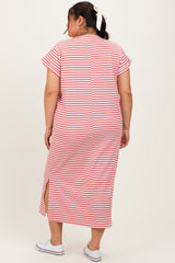 woman wearing a striped red and white maxi dress with short sleeves and side slits, seen from the back