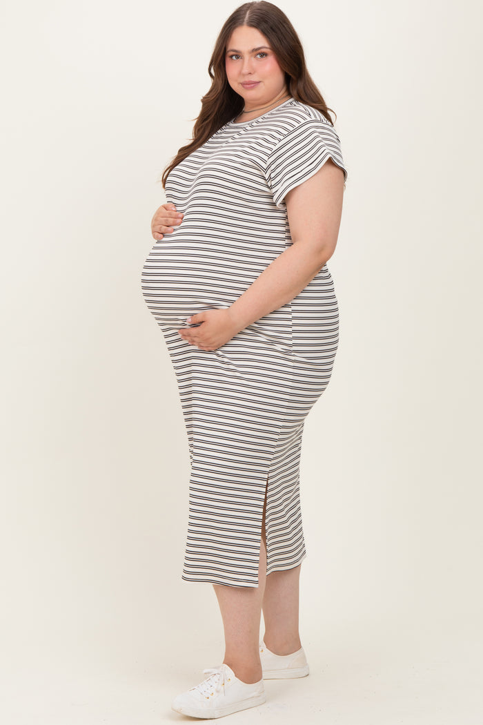 Black Striped Maternity Plus Midi T-Shirt Dress