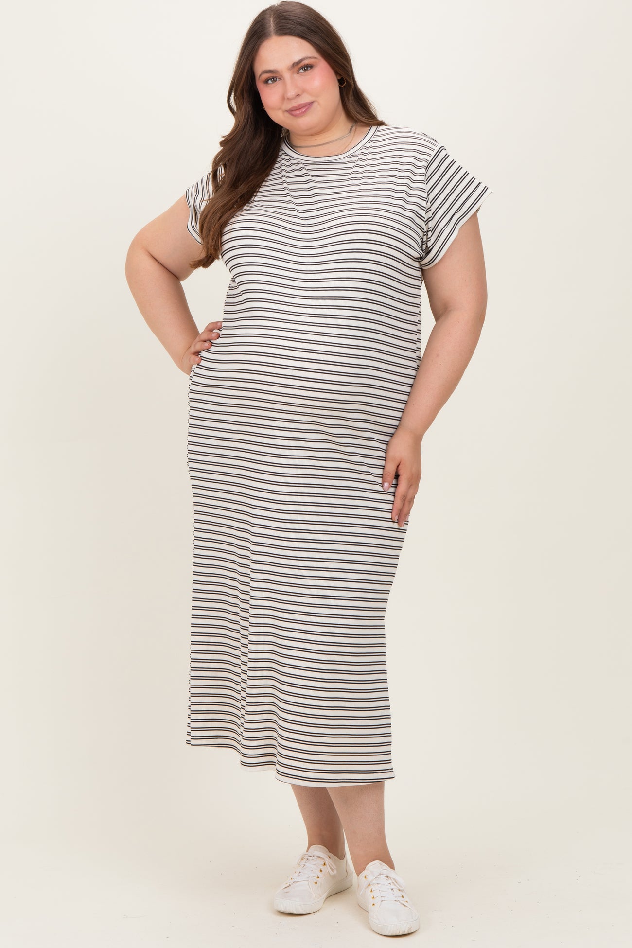 Black Striped Maternity Plus Midi T-Shirt Dress