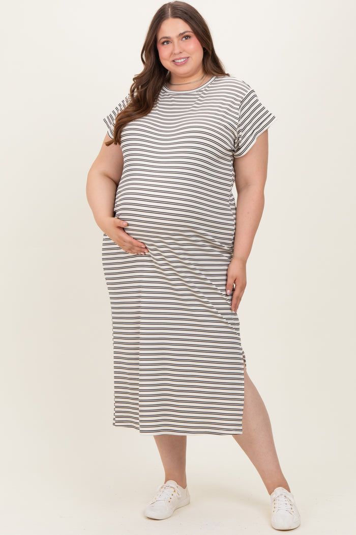 Black Striped Maternity Plus Midi T-Shirt Dress