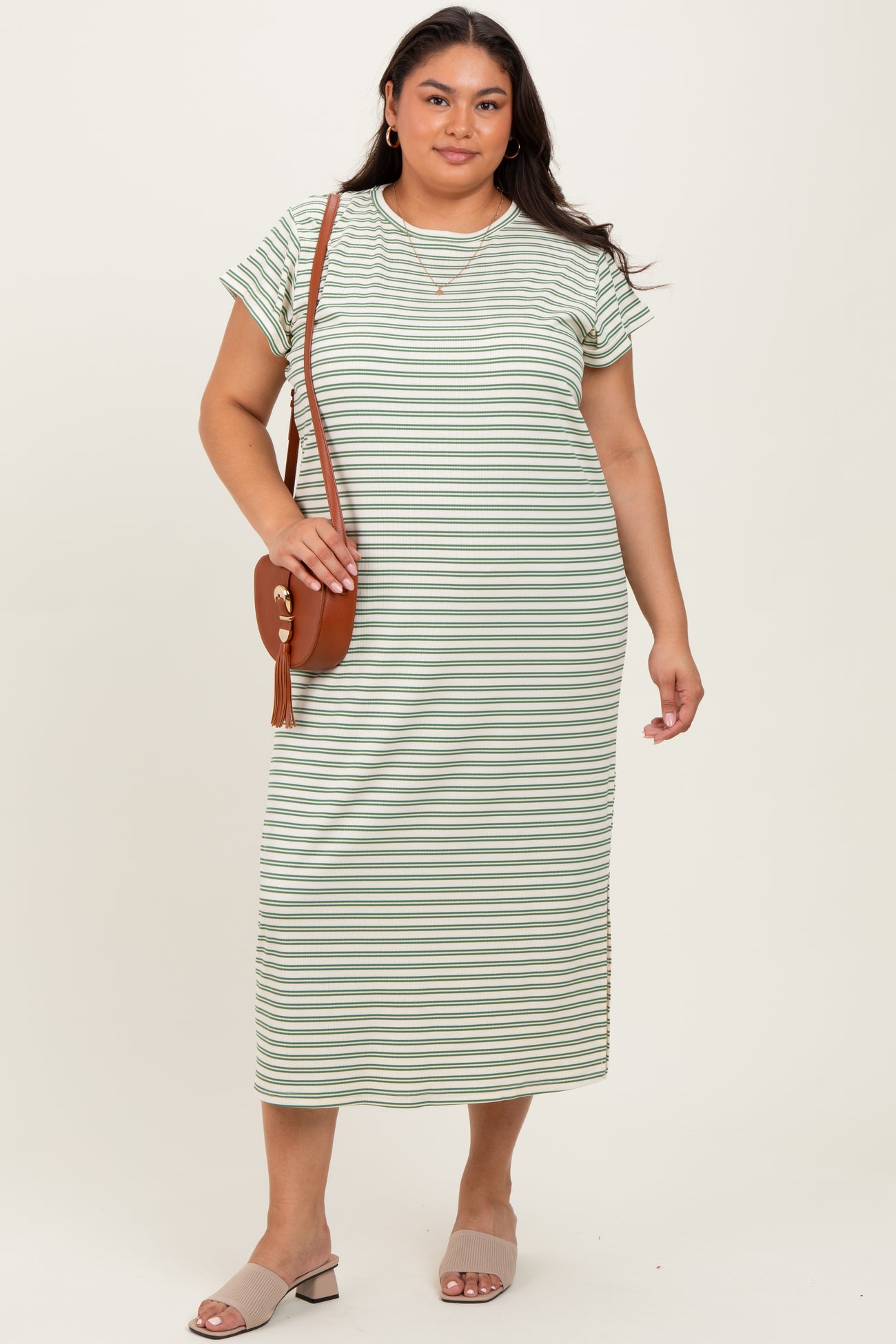 Olive Striped Maternity Plus Midi T-Shirt Dress