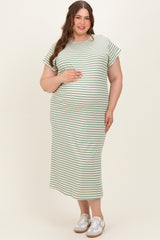 Olive Striped Maternity Plus Midi T-Shirt Dress