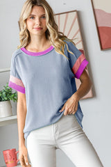 Blue Ribbed Colorblock Detail Maternity Short Sleeve Top