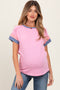 Pink Ribbed Colorblock Detail Maternity Short Sleeve Top