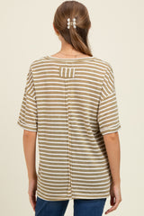 woman wearing a brown and white striped maternity top with short sleeves and a back button detail