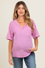 Mauve Striped Oversized V-Neck Front Pocket Maternity T-Shirt