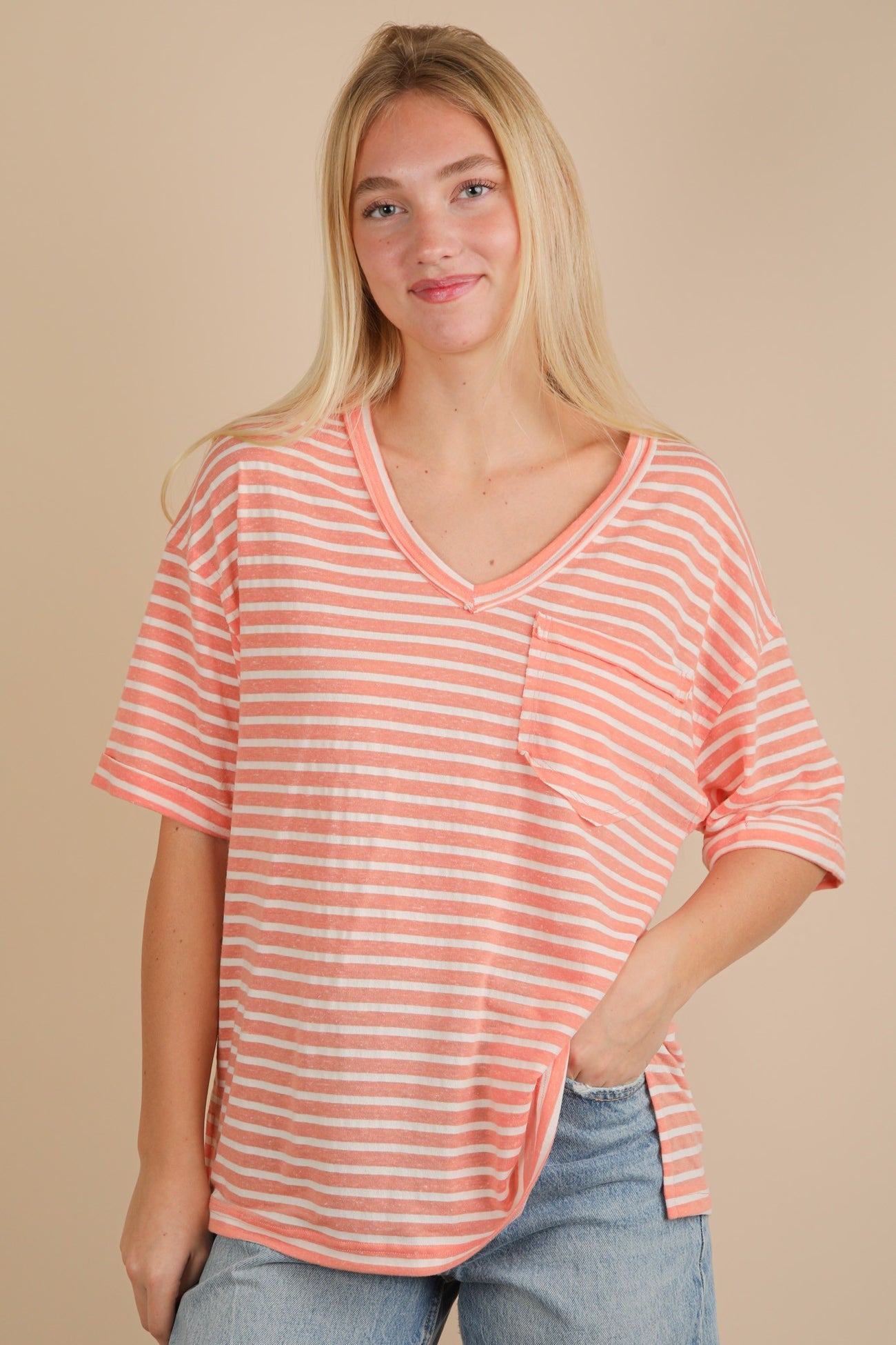 Peach Striped Oversized V-Neck Front Pocket Maternity T-Shirt