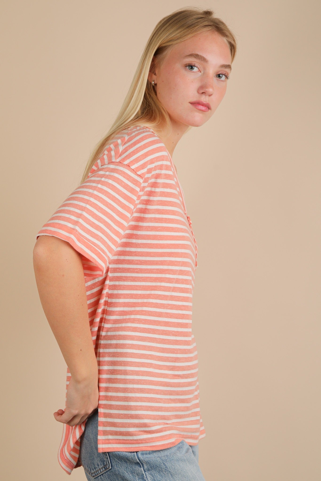 Peach Striped Oversized V-Neck Front Pocket T-Shirt
