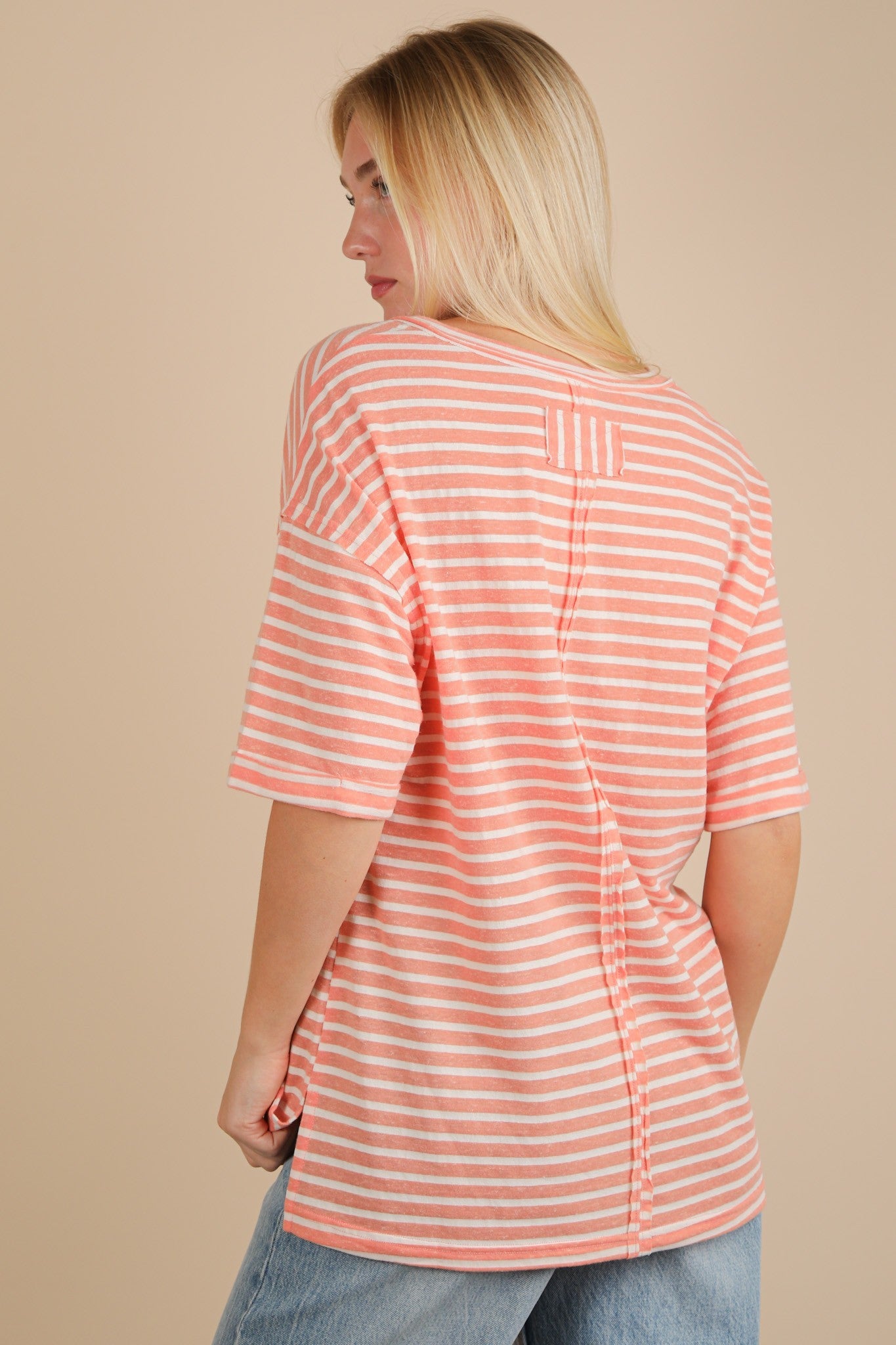 Peach Striped Oversized V-Neck Front Pocket T-Shirt
