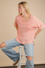 Peach Striped Oversized V-Neck Front Pocket T-Shirt
