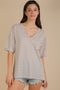 Grey Striped Oversized V-Neck Front Pocket T-Shirt