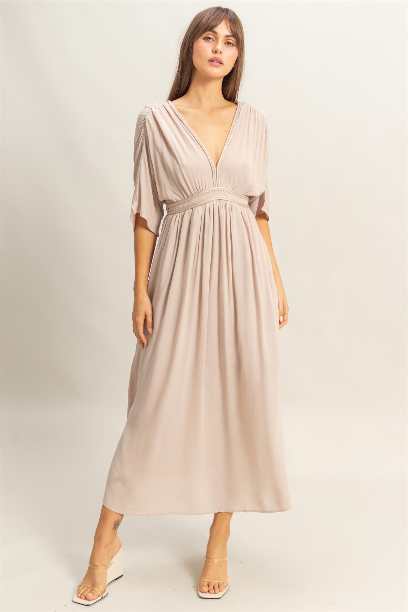 Beige V-Neck Braid Detail Maternity Maxi Dress