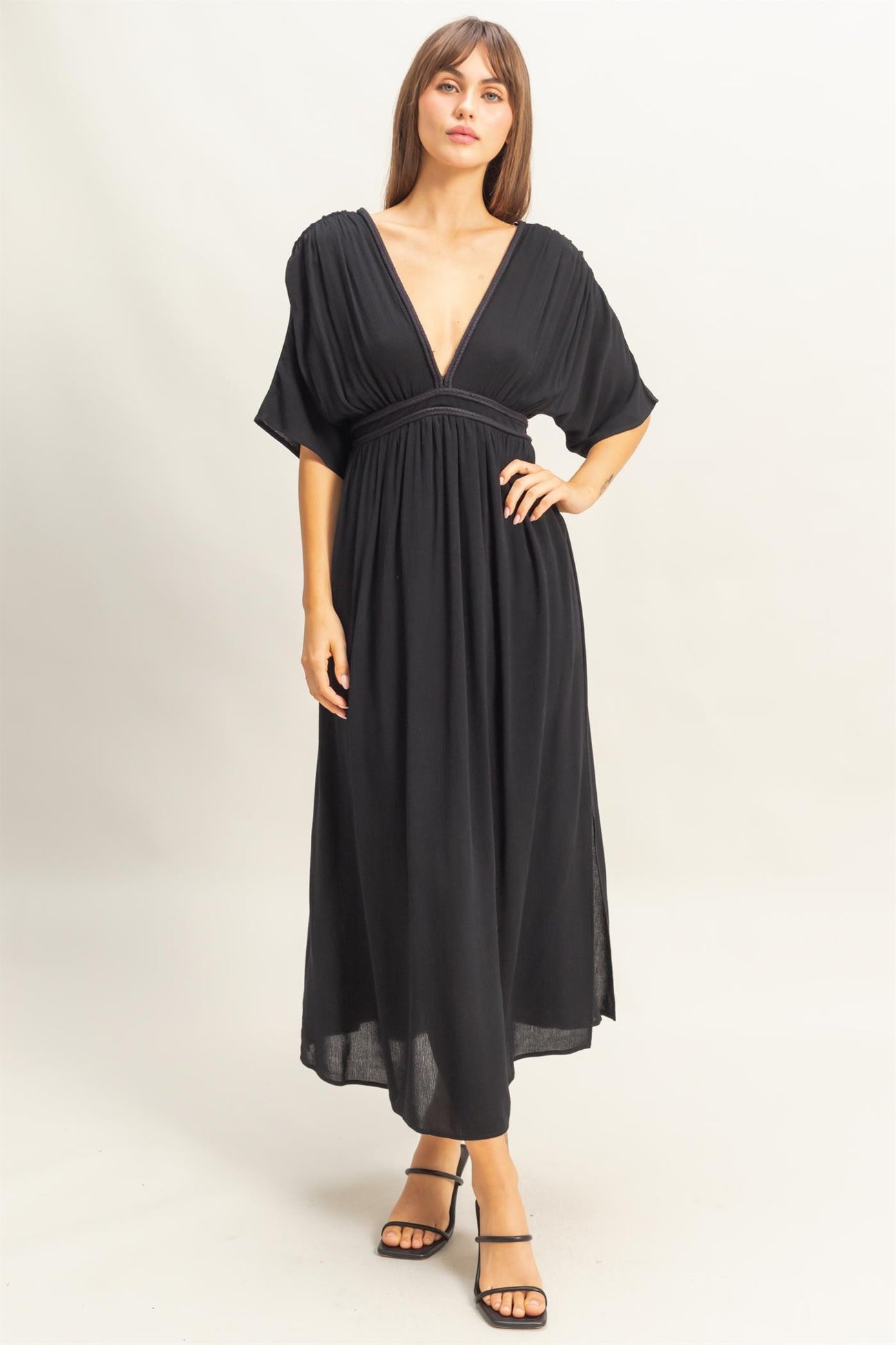 Black V-Neck Braid Detail Maxi Dress